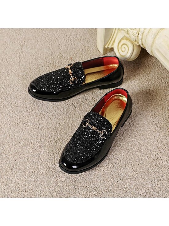 Men\'s Black Rubber Sole Leather Sparkly Sequins Loafers Gold Buckle Party Shoes main image 4